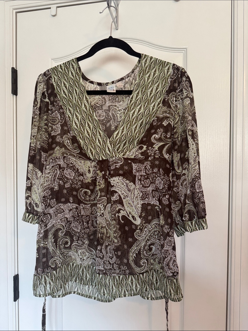 SO Olive Green and Brown Paisley V-Neck Tunic
